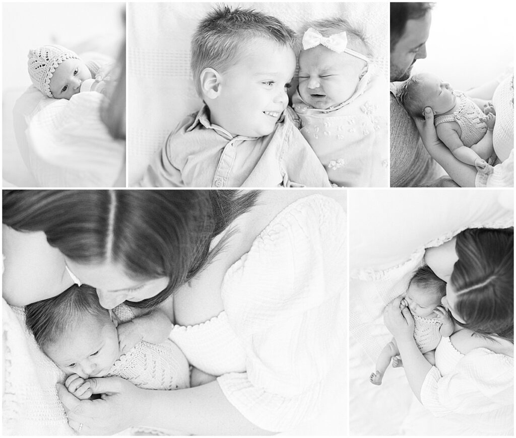 Black-and-white collage of a newborn with her parents and older brother, including sibling snuggles and close family moments.