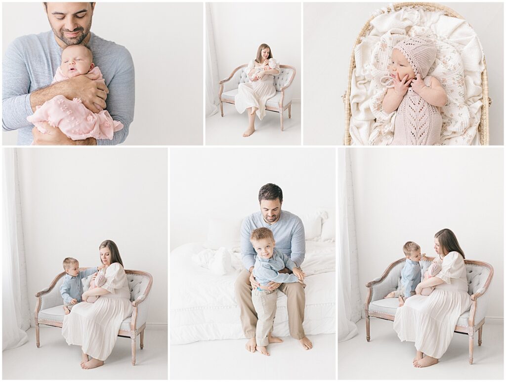 Family of four wearing soft neutral clothing during a Minneapolis studio newborn session with parent, sibling, and baby portraits.
