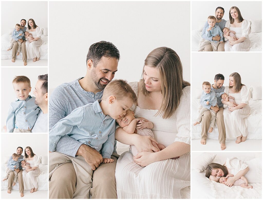 Newborn photography with siblings, including an older brother leaning close to the baby and relaxed family portraits on a white bed.
