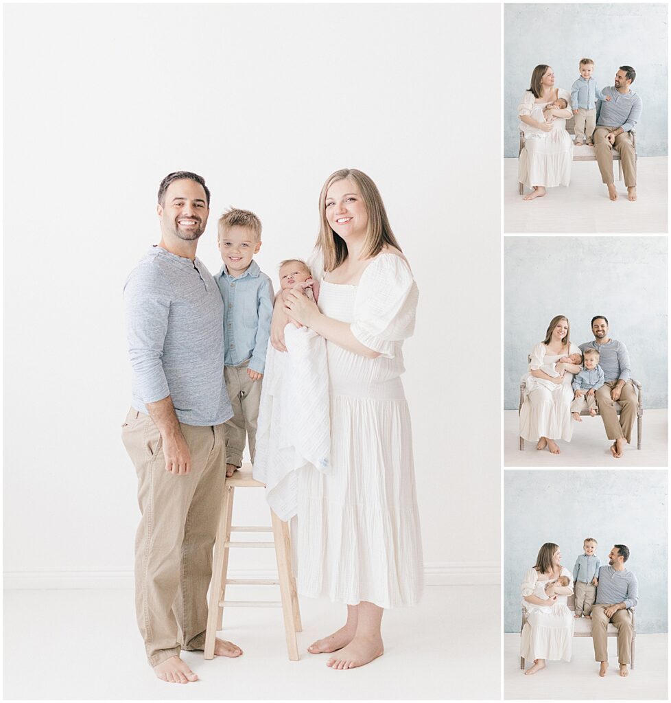 Family of four photographed standing together and seated against a soft blue wall in a Northeast Minneapolis studio.