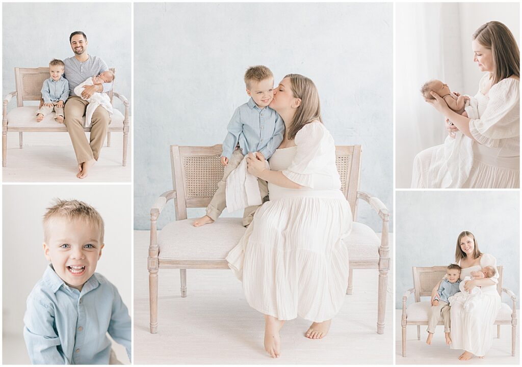 Mother and father photographed separately with their three-year-old son and newborn daughter against a pale blue studio backdrop.