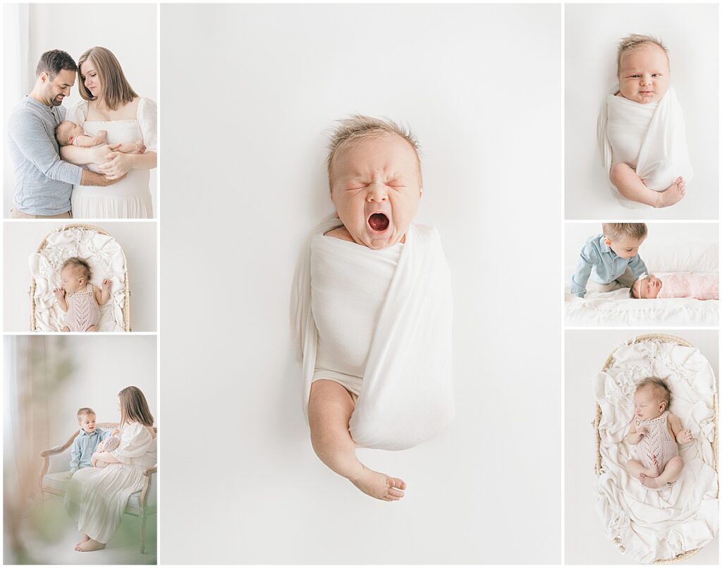 Collage of a yawning newborn with parent, sibling, basket, and swaddled baby portraits in a bright studio.