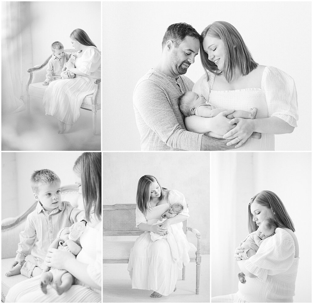 Black-and-white collage of parents, newborn, and older brother sharing quiet moments during a family newborn session.