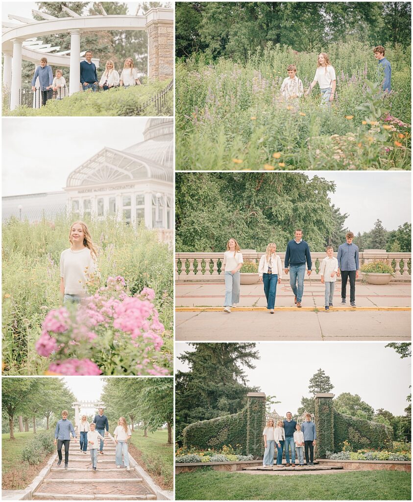 Family of five walking through the gardens at Como Park Conservatory in St. Paul.