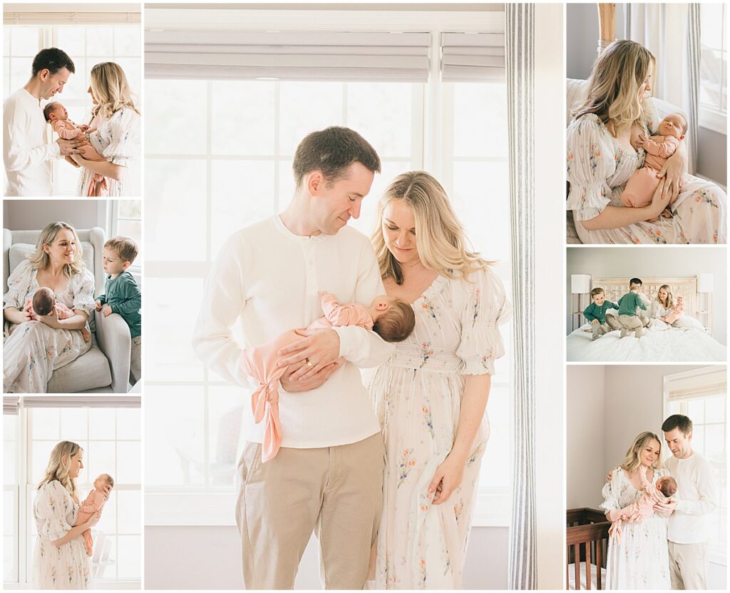 Parents with their newborn daughter and young son during a light-filled in-home newborn session.