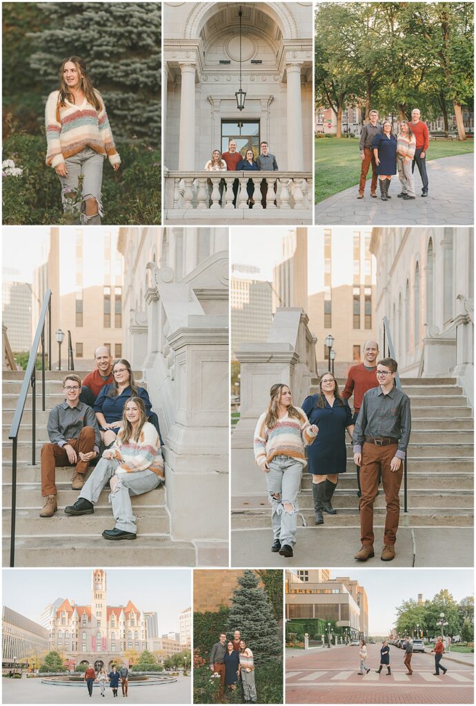 Family of four photographed among historic architecture in downtown St. Paul.