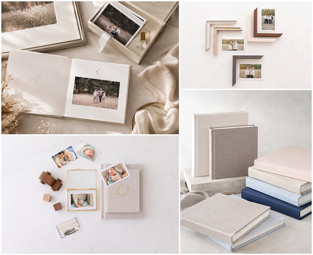 Heirloom albums, framed prints, and keepsake boxes featuring family photographs.