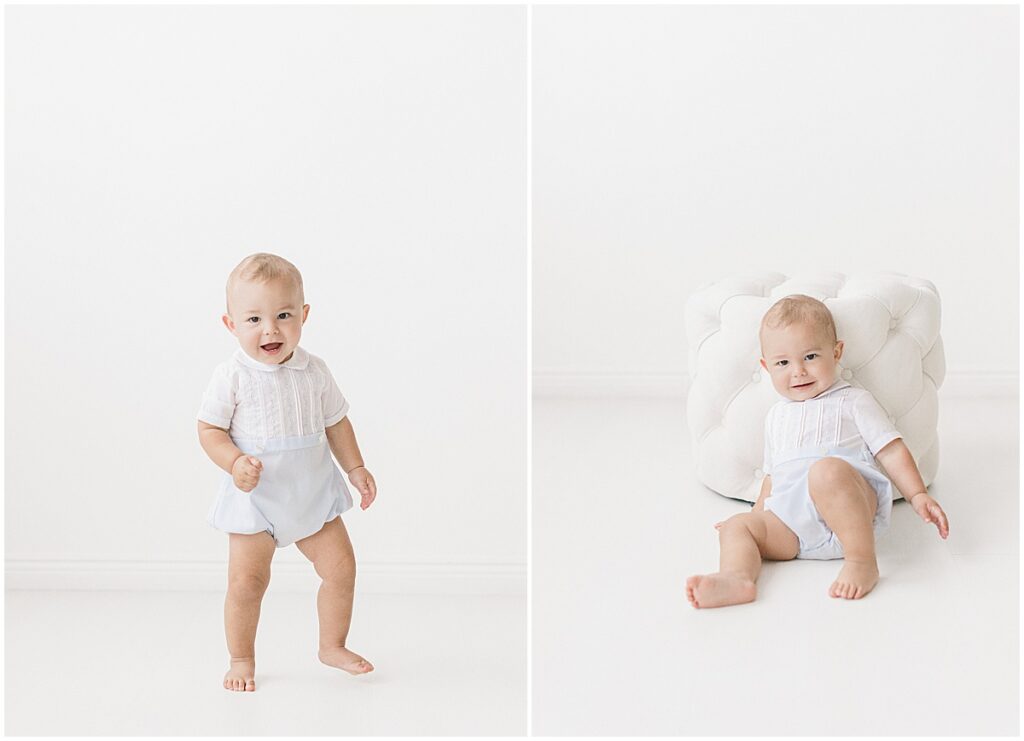 One-year-old baby standing and sitting during a 1 year milestone photos session in a Minneapolis photography studio.