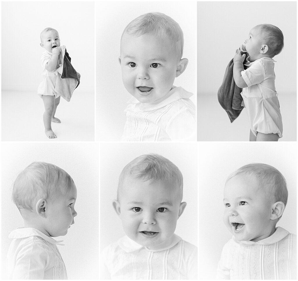 Black-and-white 1 year milestone photos showing a one-year-old baby's expressions, profile, and playful personality in a Minneapolis studio.