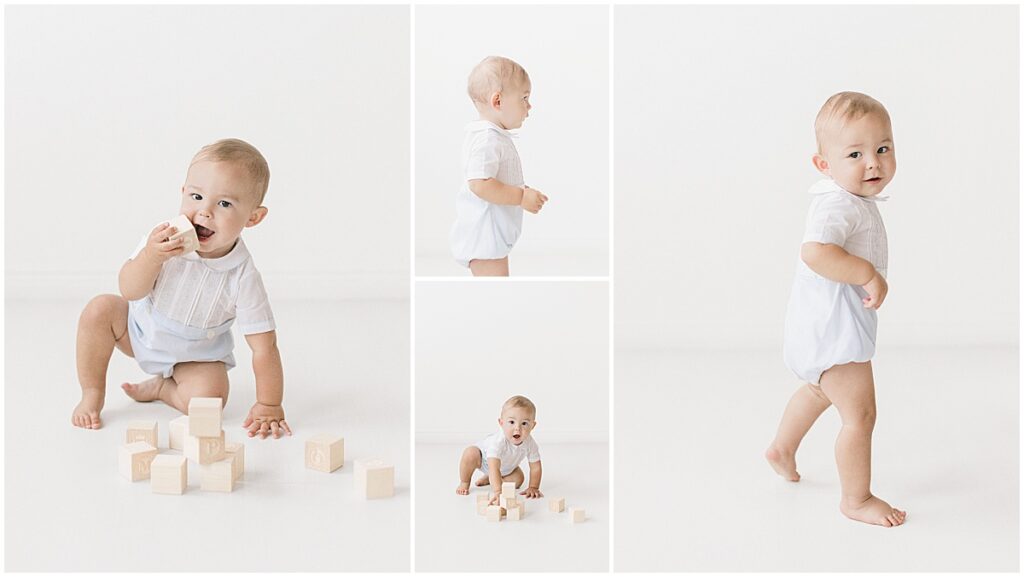 One-year-old baby playing with wooden blocks and taking first steps during a 1 year milestone photos session in a Minneapolis studio.