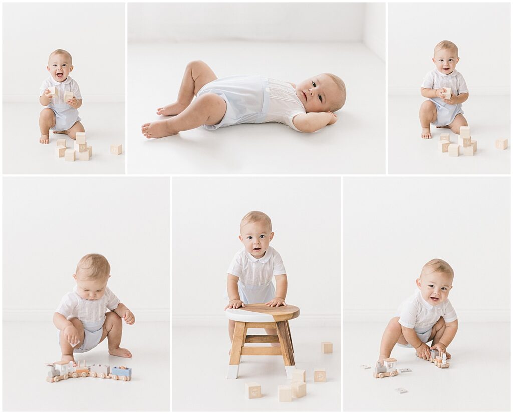 Collection of 1 year milestone photos showing a one-year-old baby playing, exploring, and smiling during a Mini Milestone Session in a Minneapolis studio.