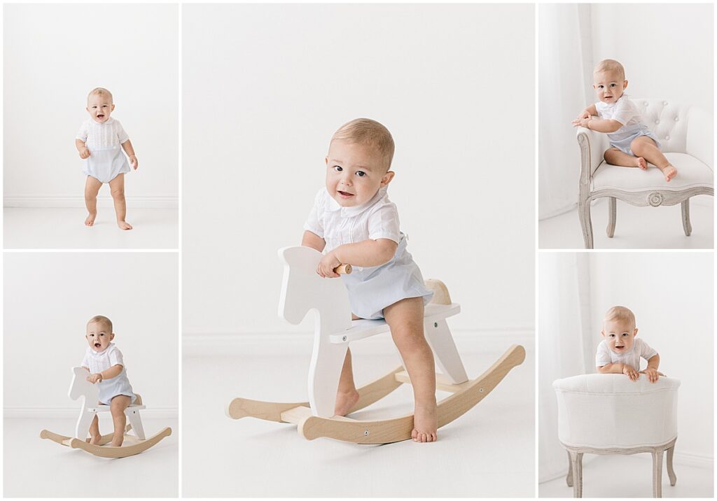 Collection of 1 year milestone photos featuring a one-year-old baby standing, sitting, and riding a wooden rocking horse during a Mini Milestone Session in a Minneapolis studio.