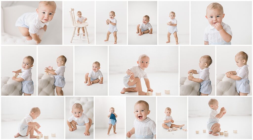 Collection of 1 year milestone photos featuring a one-year-old baby smiling, standing, crawling, playing with wooden blocks, and exploring simple studio props during a Mini Milestone Session in Minneapolis.