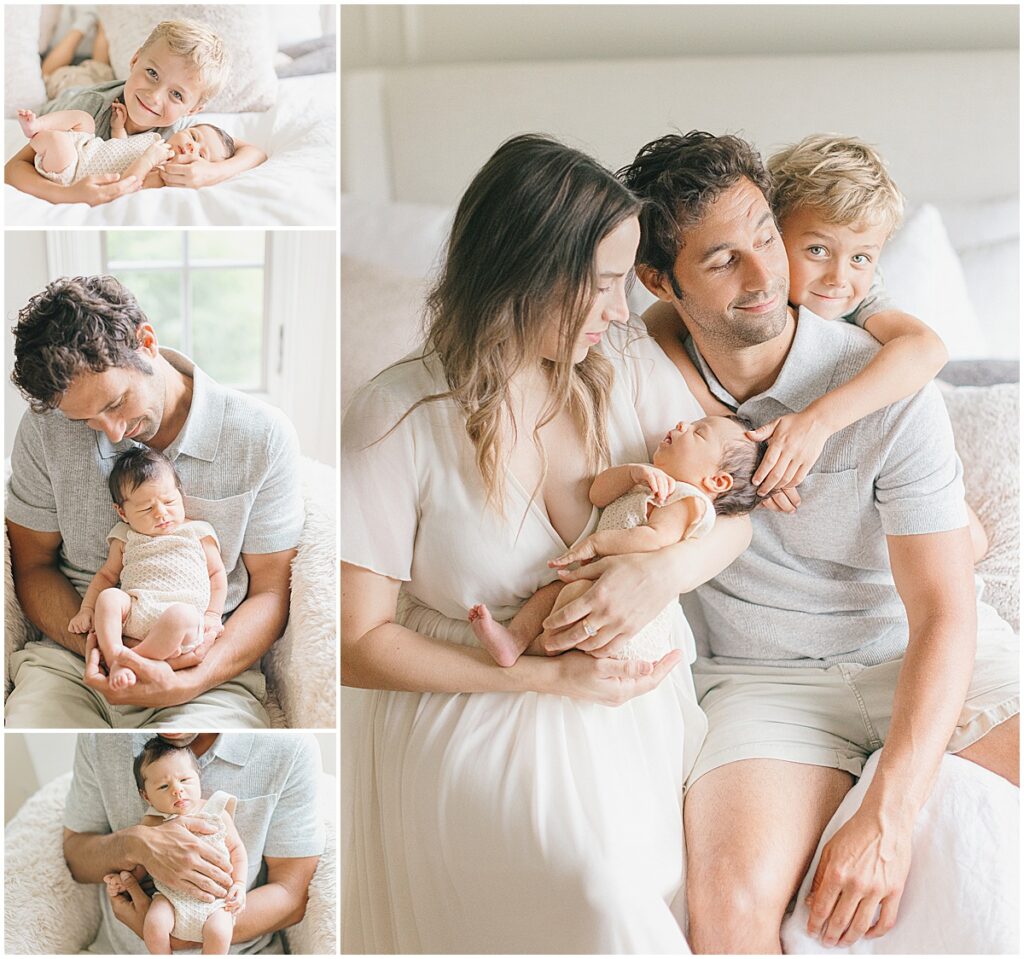 Collage of a North Oaks family with their newborn, including sibling photographs, family portraits, and dad holding the baby.