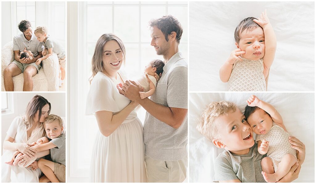 In-Home Newborn Photography collage showing parents, an older brother, and their newborn together near bright bedroom windows.