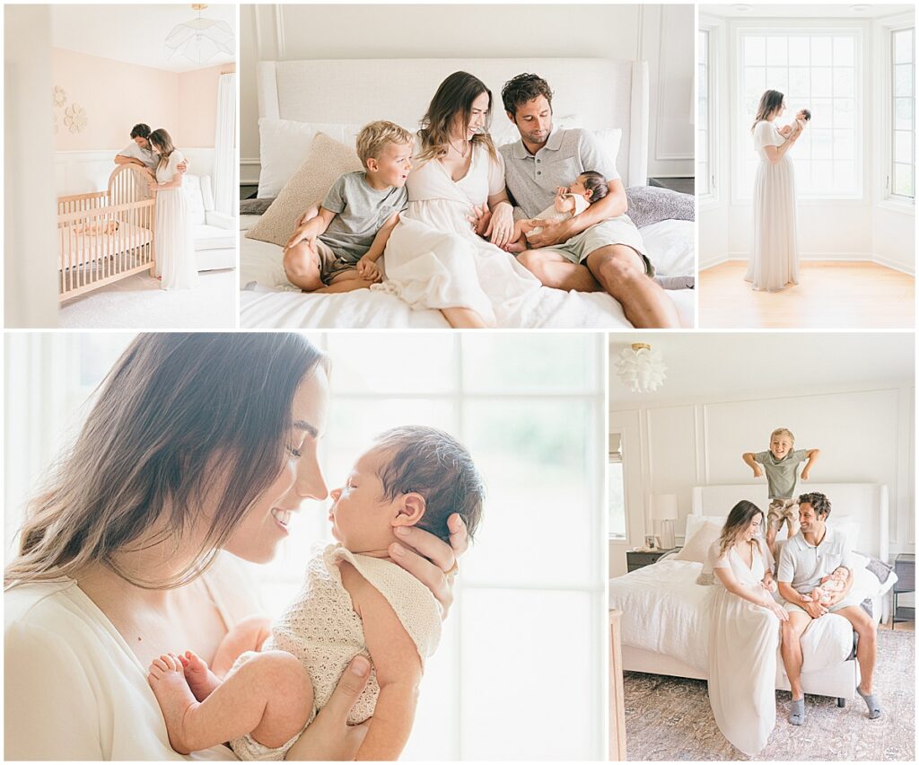 North Oaks newborn session collage with family photographs on the bed, mother holding her baby, and portraits in the nursery.