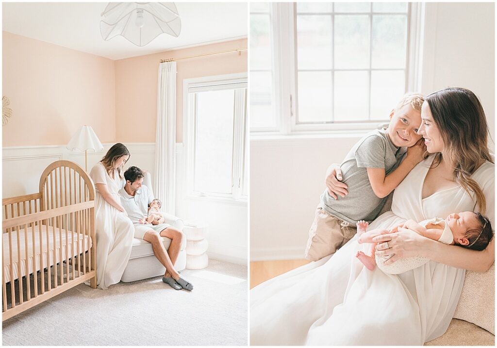 In-Home Newborn Photography images of a family in the nursery and a mother holding her newborn beside the baby’s older brother.