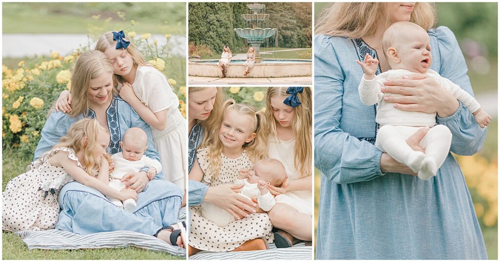 Arneson Acres family photos of an adult carrying a child against soft green garden foliage.