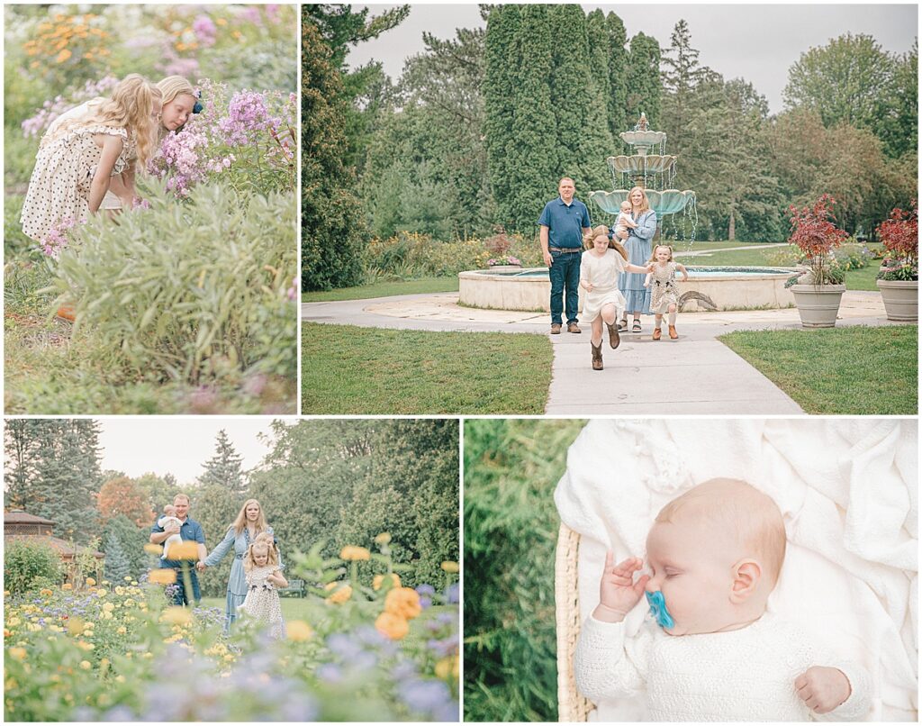 Arneson Acres family photos with three children and adults gathered closely around a baby.