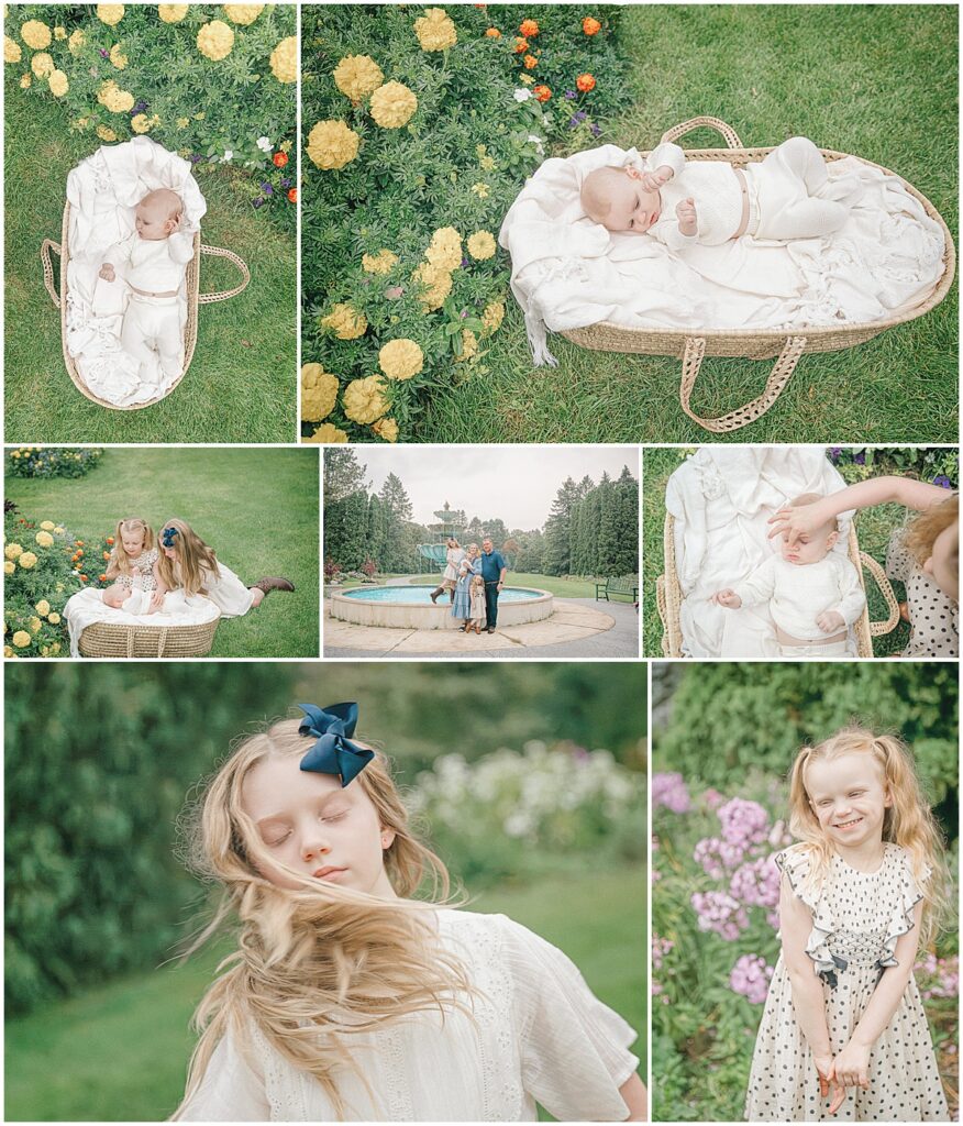 Baby wearing a cream knit outfit while being in a basket. 