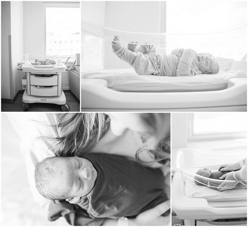Black-and-white Fresh 48 newborn photographs showing a baby in the hospital bassinet and close documentary details.