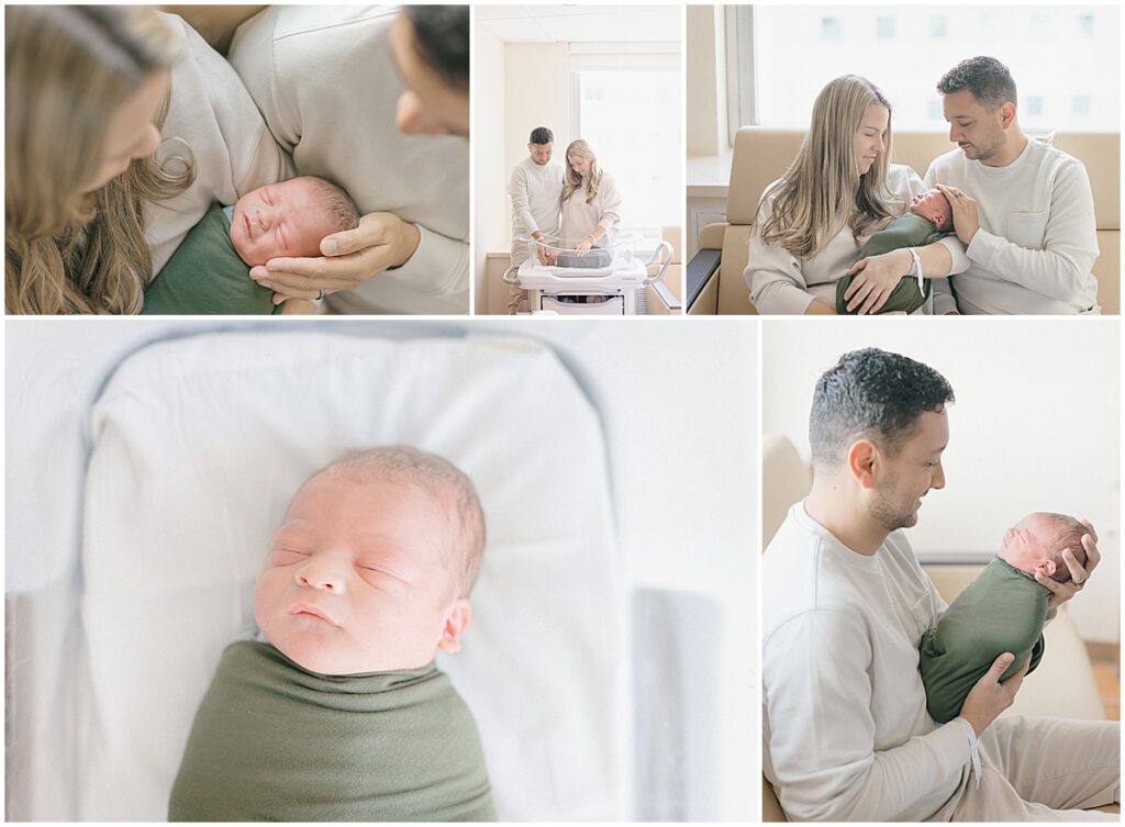 Fresh 48 hospital photography in Edina with parents holding their newborn, plus baby portraits in a green swaddle at Fairview Southdale.
