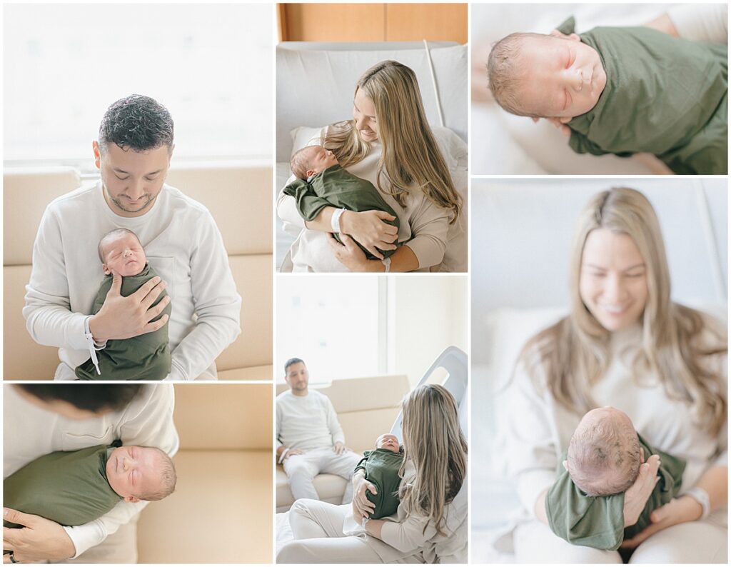Parents holding and cuddling their newborn during Fresh 48 hospital photography in Edina, with close baby portraits in a green swaddle.