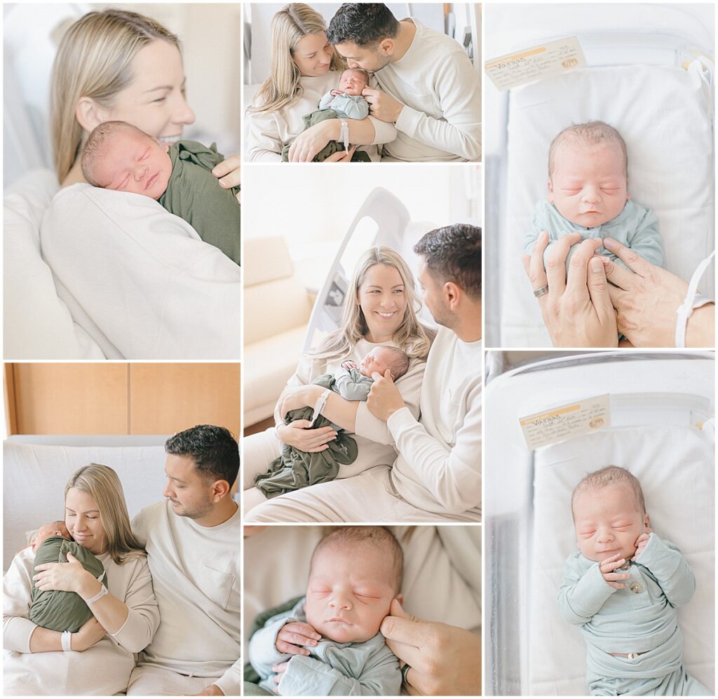 Fairview Southdale newborn photographs featuring the baby with both parents and resting in the hospital bassinet.
