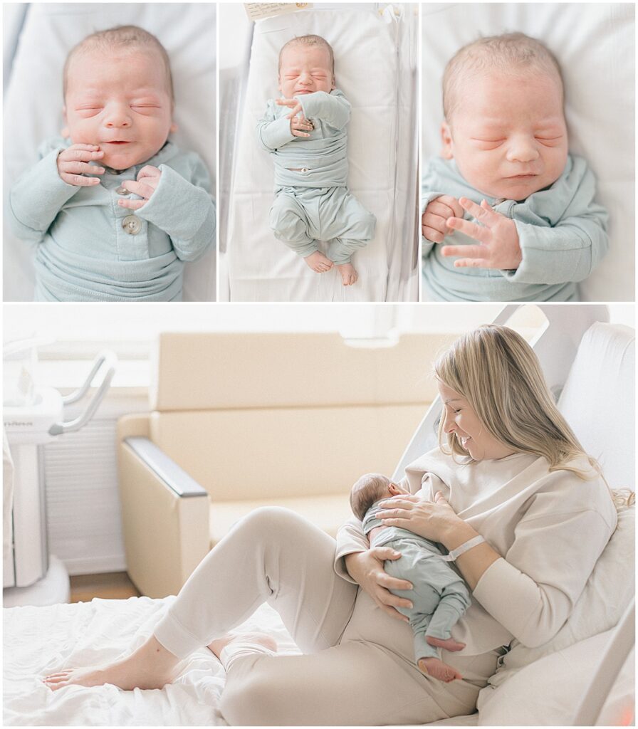 Fresh 48 hospital photography in Edina featuring newborn portraits in a pale blue outfit and photographs with mom in the hospital room.