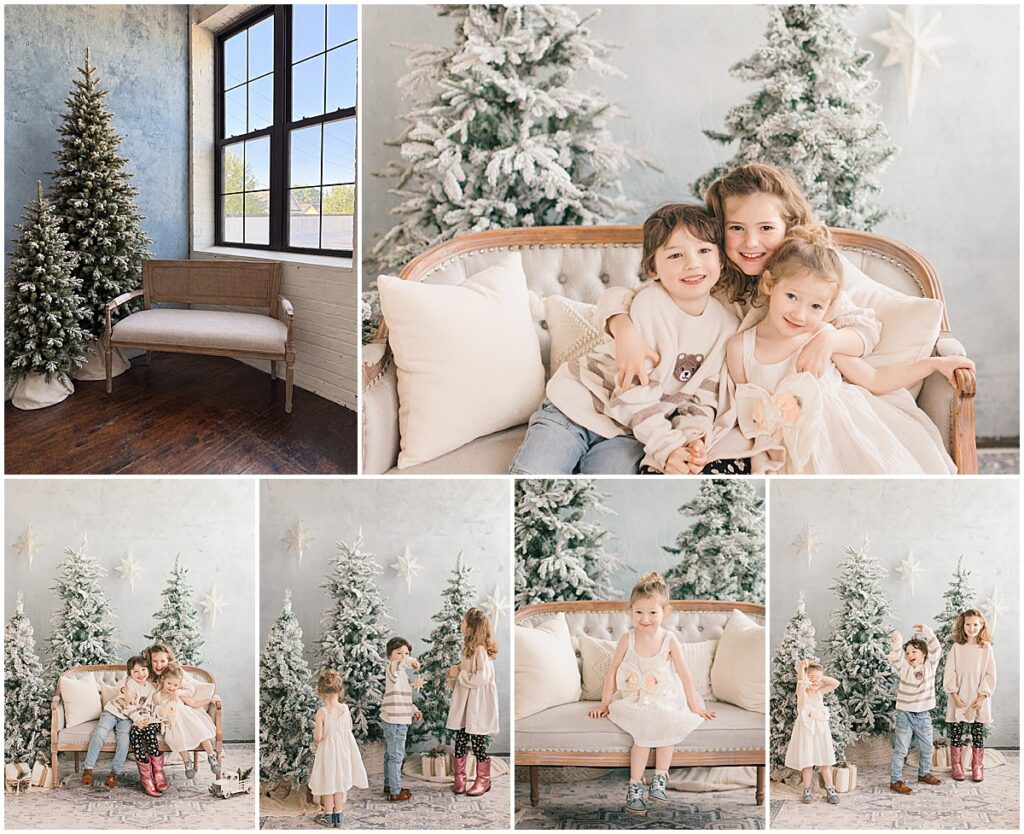 Children photographed with flocked Christmas trees and a vintage sofa during Minneapolis holiday mini sessions.