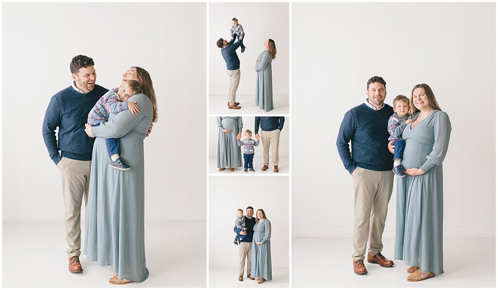 Family maternity portraits on a simple white studio background during a Minneapolis holiday photography session.