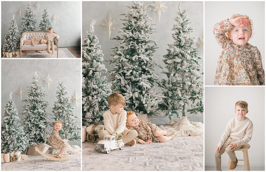 Brother and sister photographed among flocked Christmas trees during a Minneapolis Christmas mini session.