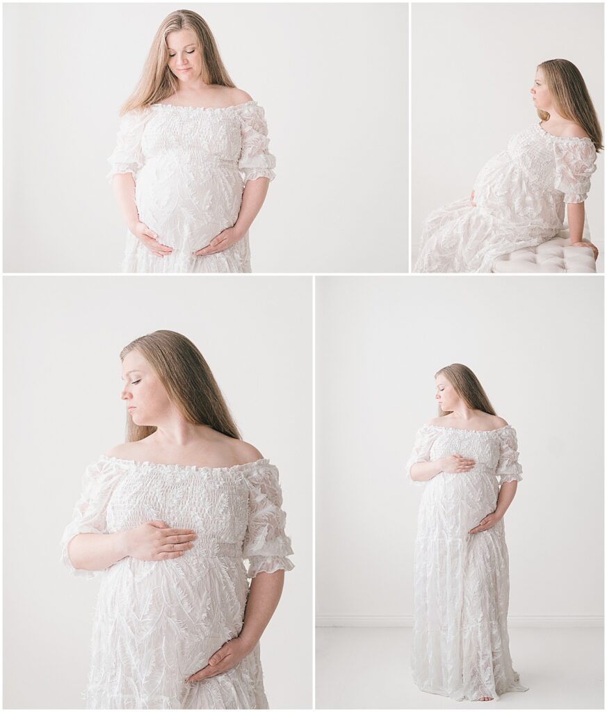 Maternity portraits of pregnant woman in white textured gown for Minneapolis maternity and newborn photography.