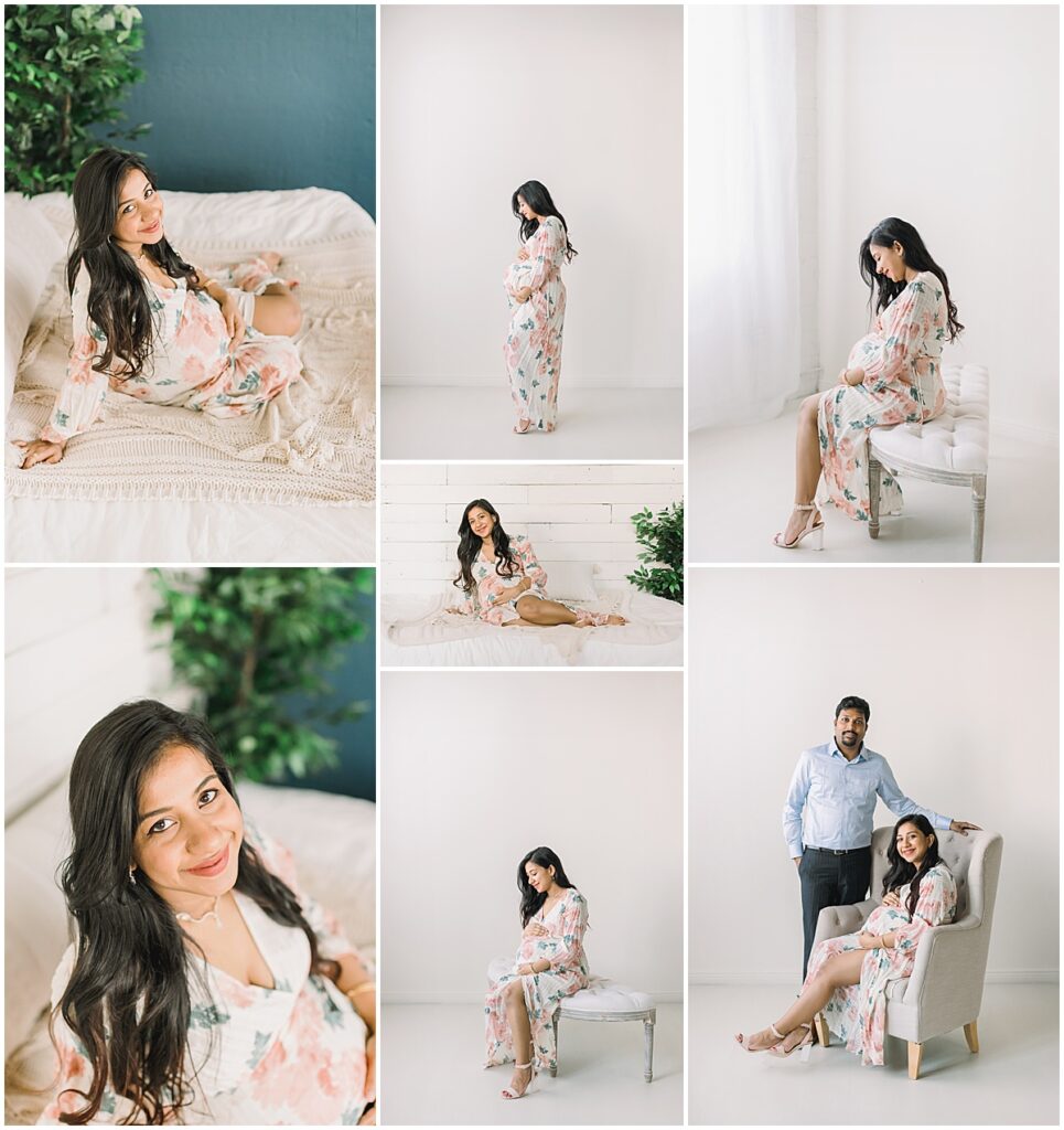 Pregnant woman in a floral dress posing alone and with her partner in a bright studio.