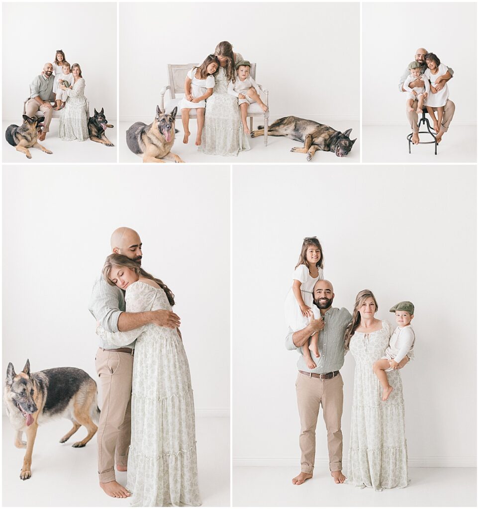 Studio family photos with two German Shepherds, including parents hugging and dad holding both kids on a stool