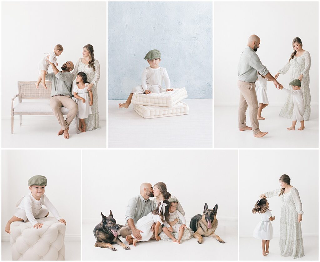 Dad lifting his son in the air, a toddler on floor cushions against a blue lime-wash wall, and a family kissing with two dogs