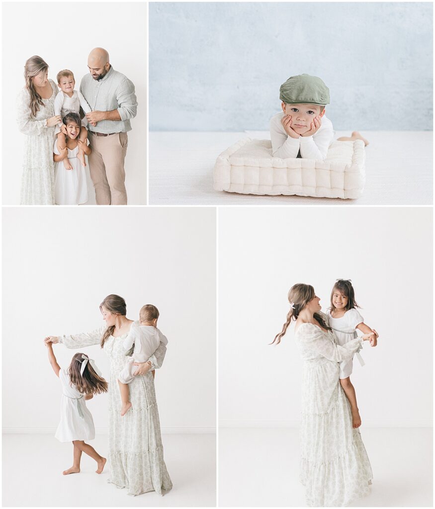 Mom in a sage floral dress spinning her daughter and holding her son during a Minneapolis studio family session