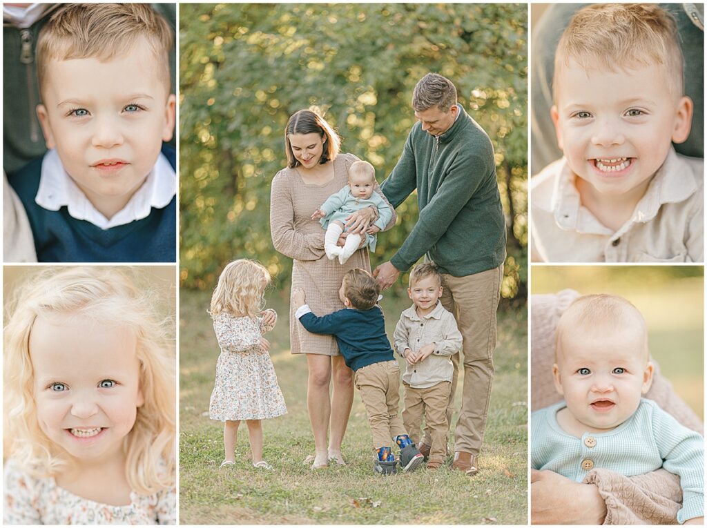Lake Ann Park family photos of parents and four young children standing on a wooded path in Chanhassen
